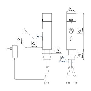 Grifo electrónico termostático y sin contacto para instalaciones en cubierta Dibujo dimensional de Trendy-1000T